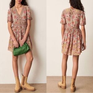 ba&sh | Valia Mixed Floral Print Short Sleeve Boho Mini Dress 1E22VALI Ocre (XS)